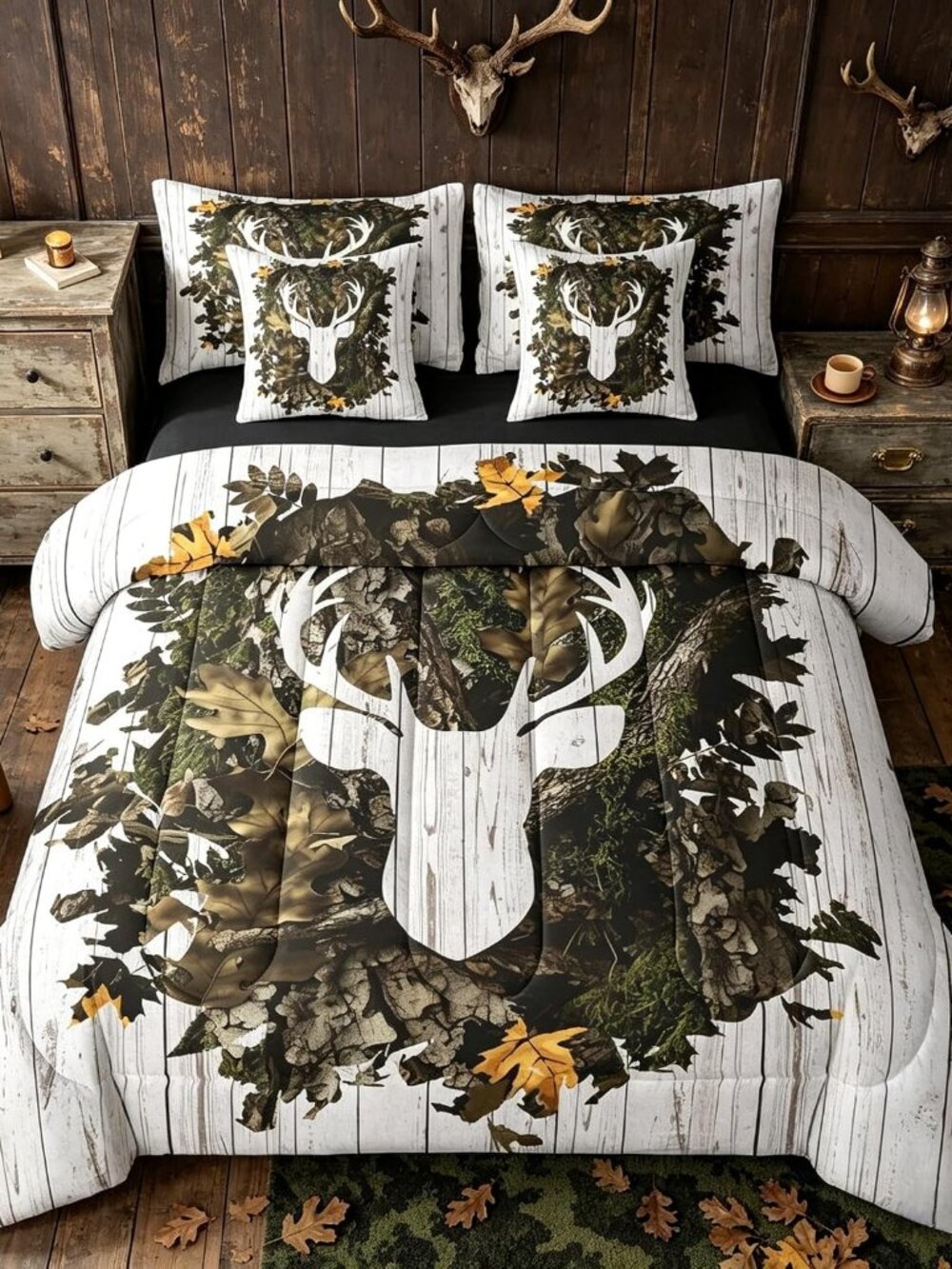 Camo Deer Antlers White Brown Kids King 7-Piece Comforter Set | Hunting Woodland